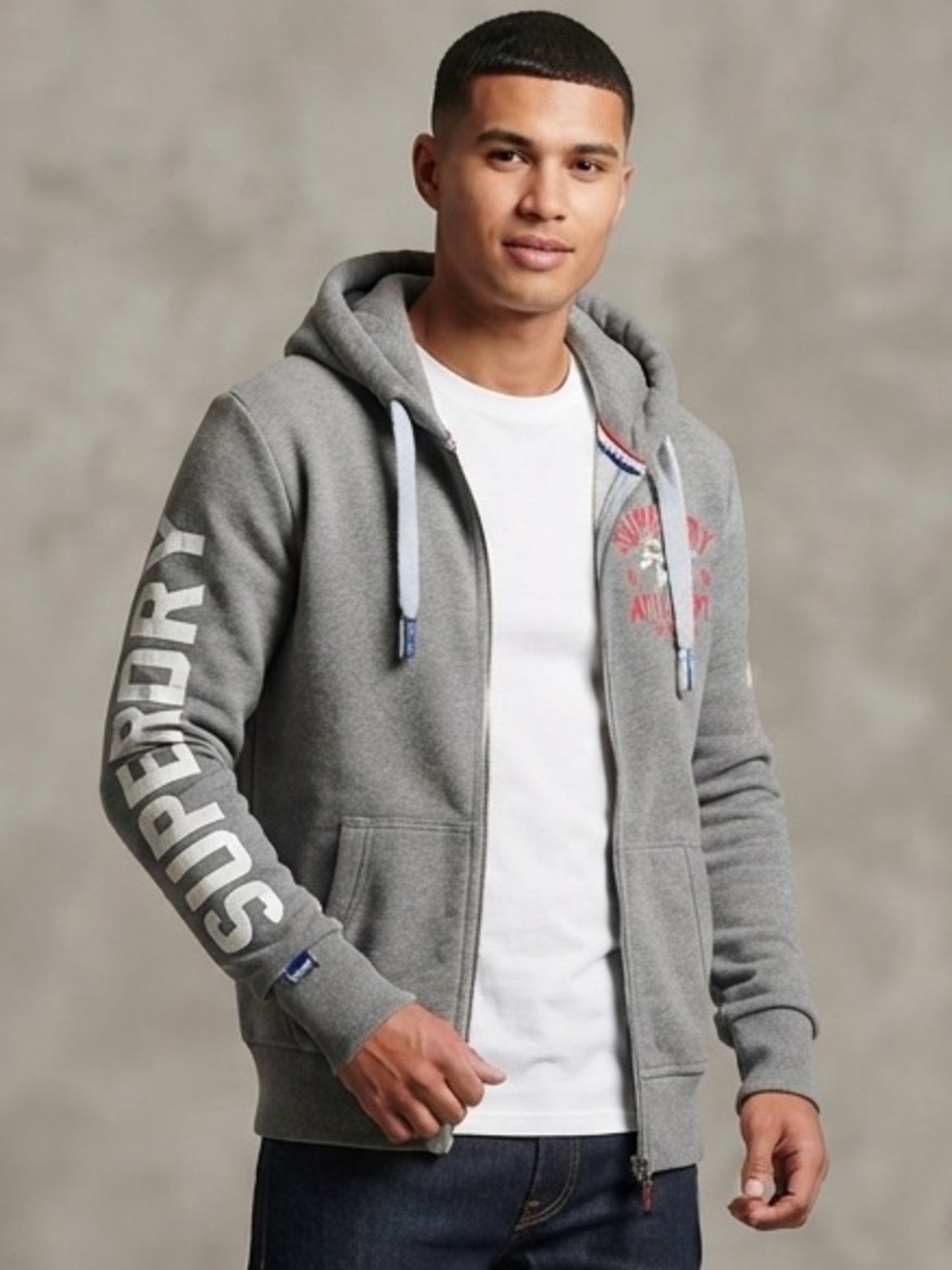 Superdry Charcoal Hoodie Full Zip with Red Accents M